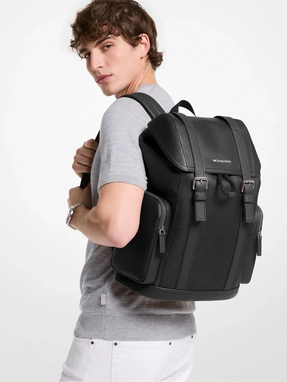 Michael Kors Black Pebbled Leather Men's Backpack with Buckle Straps